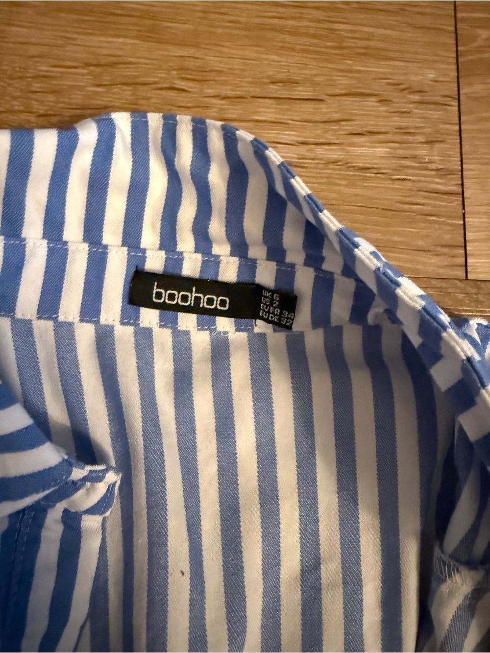 Boohoo Blue and White Striped Ruffle Button-Down Shirt - Picture 2 of 4